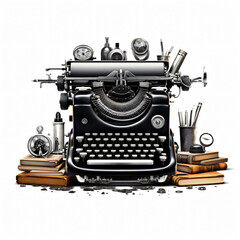 T-shirt pattern design of a classic typewriter, writer's tools, grayscale palette. Suitable for t-shirt or sticker ready to print. Retro-Vintage.[A-0004]