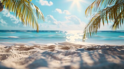 A beautiful sandy beach with palm trees and blue sky, banner design, close up, copy space concept. The sun is shining brightly on the horizon.