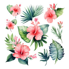 Exotic Tropical Hibiscus Watercolor in a Seamless Pattern Design, Set of Tropical Floral Watercolor. tropical flower, tropical leaves. tropical poster, invitation floral. 