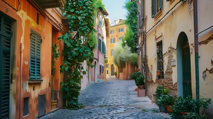 Obraz premium A charming cobblestone lane in the heart of Rome, Italy, framed by pastel-colored facades and cascading ivy. The architecture reflects the quintessential Italian style.