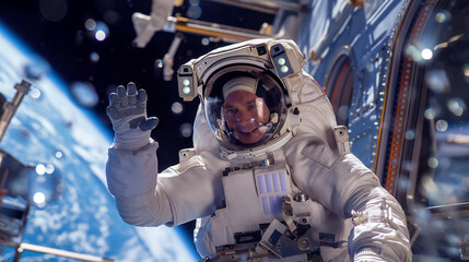 Astronaut performing a spacewalk outside the International Space Station with Earth in the background