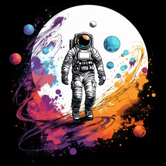 T-shirt pattern design of a retro astronaut, vintage, cosmic colors, dreamy. Suitable for t-shirt or sticker ready to print. Retro-Vintage.[A-0004]