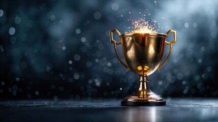 A mesmerizing golden trophy glistening under a spotlight against a backdrop of a championship banner,