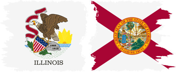 Florida and Illinois states grunge brush flags connection vector