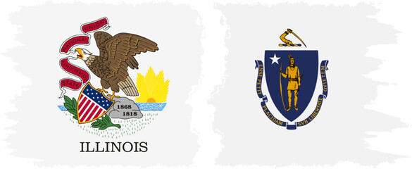 Massachusetts and Illinois states grunge brush flags connection vector