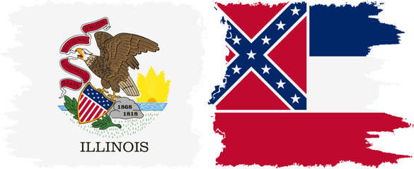 Mississippi and Illinois states grunge brush flags connection vector