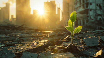 Green Plant Growing Amidst Urban Rubble in Sunlit Scene