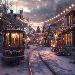 Fototapeta premium This photo shows a winter village in the evening with a Christmas and New Year theme. The background is Christmas.