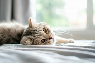 Naklejka premium A round head Scottish fold cat sitting by a window in the sun
