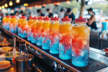 Summer slush or smoothie dispenser for chilled drinks in multi-colored containers.