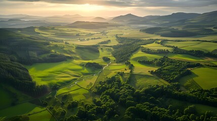 A glider flight over the lush valleys and rolling hills of the Scottish Highlands during the golden hour. The expansive view showcases a tapestry of green fields.