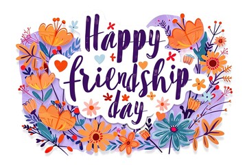 Happy Friendship day colorful typography vector illustration with cute hearts and friendship elements on a blue background. Friendship day poster, banner, greeting card template design.