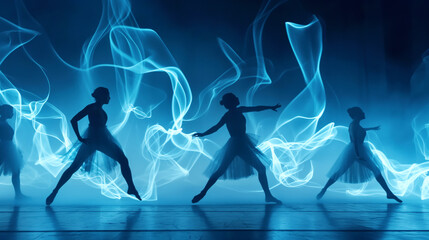 Silhouetted ballet dancers with blue light trails in a moody dark setting