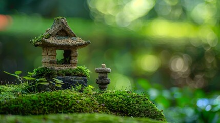 A close-up macro photograph of a miniature green macro house with moss texture.