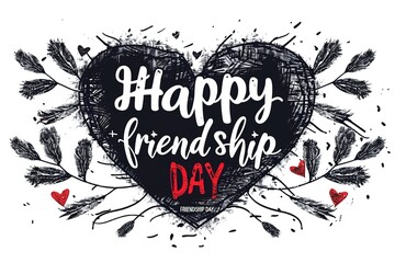 Obraz premium Happy Friendship day colorful typography vector illustration with cute hearts and friendship elements on a blue background. Friendship day poster, banner, greeting card template design.