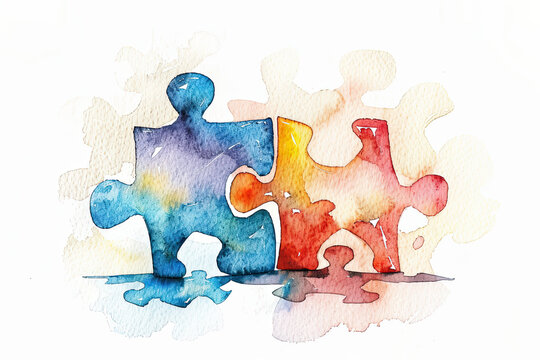 Interlocking puzzle pieces with a watercolor texture, representing unity and diversity in a vibrant, abstract design.