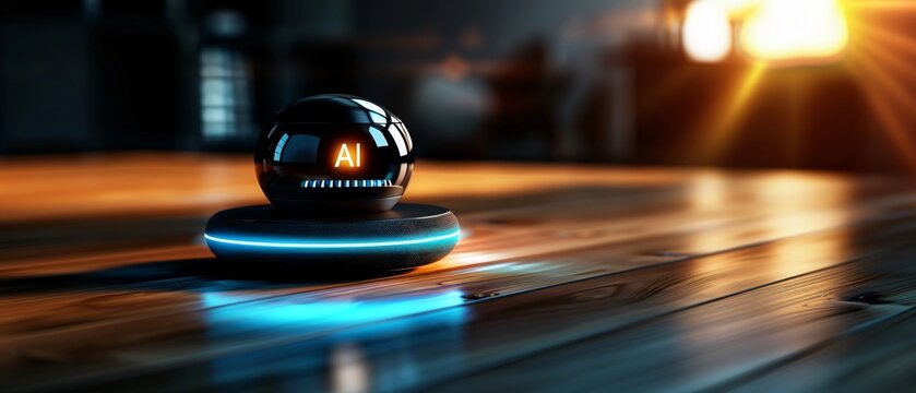 Futuristic Minimalist Voice Activated Smart Assistant with Glowing AI Interface