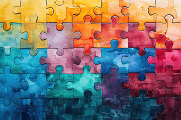Interlocking puzzle pieces with a watercolor texture, representing unity and diversity in a vibrant, abstract design.