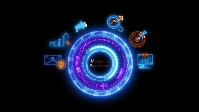 Marketing automation concept for digital marketing automation strategy, social media, customer journey, pricing, advertising. Glowing neon line of marketing automation icon on transparent background.