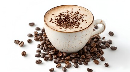 Obraz premium Inviting Cappuccino with Chocolate Sprinkles and Coffee Beans on White Background