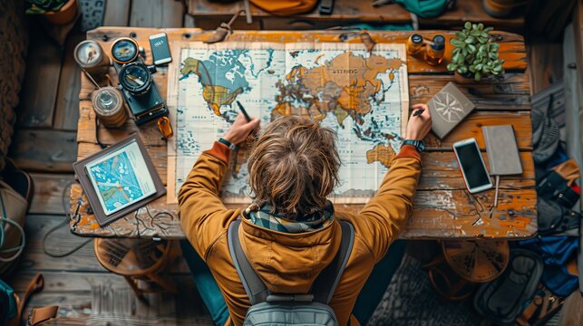 Travel planning and exploration concept represented by a person navigating a map and using a notebook, pen, and laptop on a wooden table.