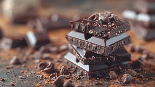 An elegant, close-up of chocolate bars on a rustic surface that shows off their rich dark brown tones and textures. Ideal for food and dessert photography.
