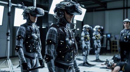 Actors in motion capture suits prepping for a VR simulation in a studio.