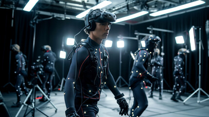 Performers in motion capture suits equipped with sensors at a modern film studio.