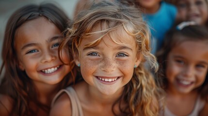 The photograph captures the joy and happiness of a group of cheerful, diverse children in an outdoor setting.
