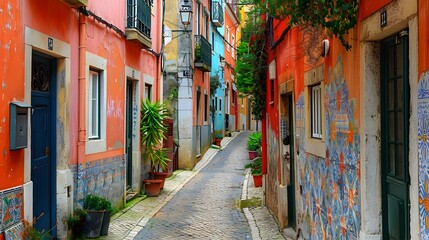 Fototapeta premium A quaint alley in Lisbon, Portugal, lined with vibrant, multicolored buildings adorned with classic Portuguese azulejos.