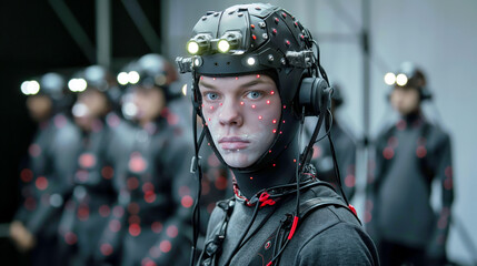 A person in a motion capture suit with a high-tech helmet and facial markers in a studio setting