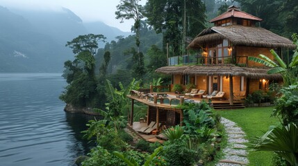 Obraz premium Travelers exploring eco-friendly accommodations and green initiatives, promoting sustainable tourism and preserving natural environments.