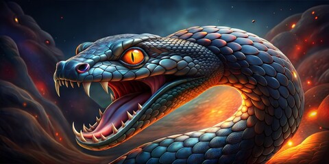 a snake with its mouth open and glowing eyes
