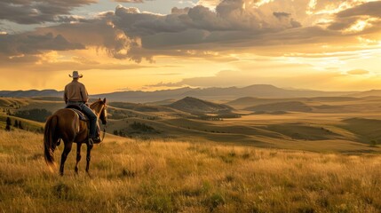 In a dramatic sky and rolling hills, a cowboy rides a horse in a field at sunset.