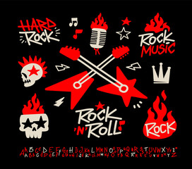 Rock Music Doodle Elements Vector Set 2. Rock Party icons set of rockers guitar, skull, fire or flame, microphone, crown etc. Punk Rock icons collection. Rock n Roll pattern elements for print design