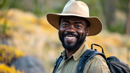 Fototapeta premium Smiling Black Man Hiking Wearing Hat: Joyful Outdoor Adventure, African American Hiker, Nature Exploration, Scenic Trail Walk
