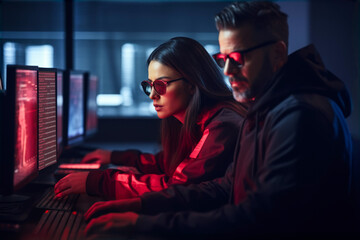 Red team specialists. Cybersecurity Operations Center. Team of experts monitoring and responding to cybersecurity threats working in high-tech control room