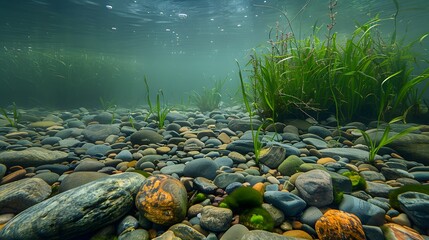 A serene underwater landscape in a freshwater lake, with a focus on the smooth, rounded pebbles scattered across the lakebed.