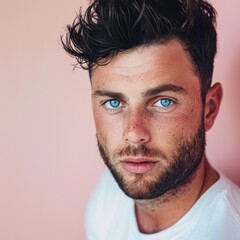 Obraz premium On a pink background, a man with short hair and blue eyes