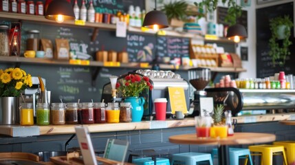 4. A bright cafe with an extensive coffee menu and fresh juice, creating a cheerful atmosphere