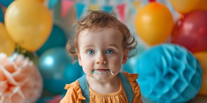 Colorful first birthday party with balloons cake ribbons and decorations. Concept Colorful Decorations, Balloon Theme, First Birthday Party, Cake Smash, Birthday Photoshoot