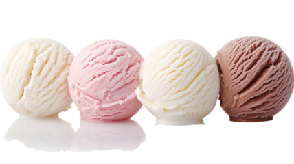 Set of four various ice cream balls or scoops