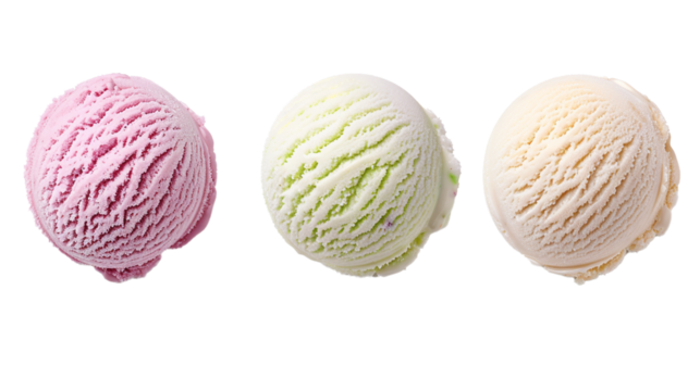 Set of four various ice cream balls or scoops