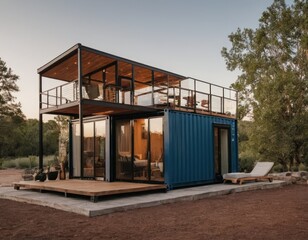 Modern shipping container tiny house in a forest