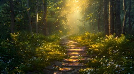 Obraz premium An ancient stone pathway meandering through a dense forest canopy, dappled with the golden hues of morning light piercing through the leaves.