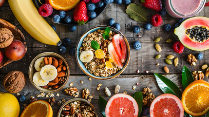 Healthy breakfast spread with a bowl of granola, fresh fruits, nuts, and a smoothie, on a rustic wooden table, emphasizing nutritious eating and wellness.


