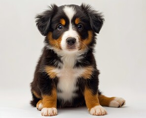 Fototapeta premium A small puppy sitting on a white background.