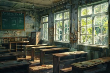Sunlight streaming through broken windows illuminates an abandoned classroom, highlighting its neglect and decay