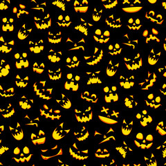 Halloween scary seamless pattern with dangerous pumpkin faces, vector background. Holiday cartoon spooky pumpkins pattern of scary faces with grim smile or grin and burning eyes for Halloween