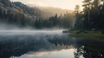 Serene mountain lake at dawn, with mist rising from the water, and pine trees reflected on the calm surface, perfect for themes of nature and peace.


